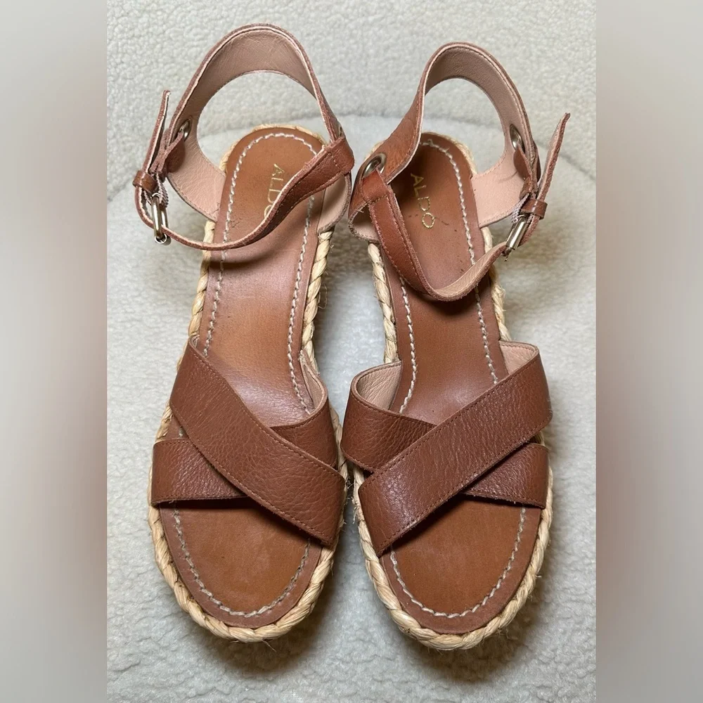 ALDO espadrilles platform shoes heels tan brown leather ankle straps summer 8.5‎